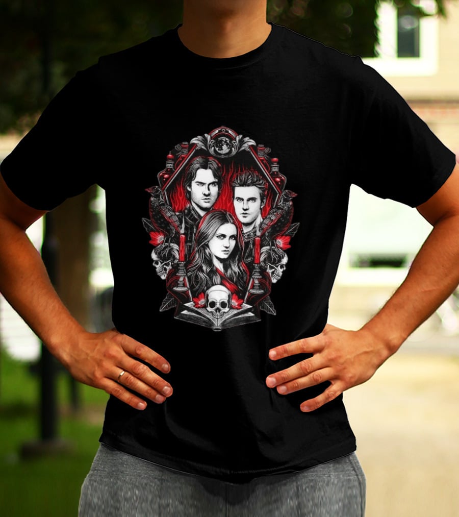 Vampire Blood The Vampire Diaries Damon Salvatore Stefan Salvatore Elena Gilbert Skull Candle Ravens T-Shirt
