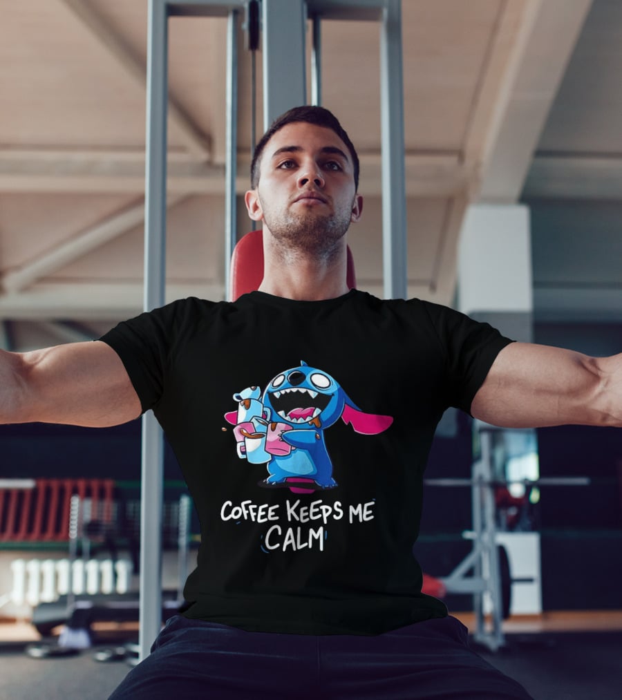 Stitch Coffee Keeps Me Calm Cute Character Drinking Coffee T-Shirt