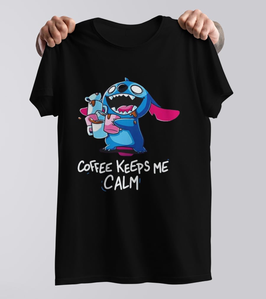 Stitch Coffee Keeps Me Calm Cute Character Drinking Coffee T-Shirt
