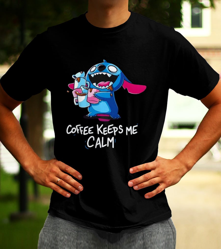 Stitch Coffee Keeps Me Calm Cute Character Drinking Coffee T-Shirt