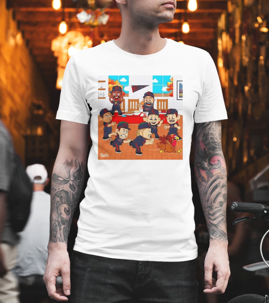 Cincinnati Reds Thanksgiving Chaos Cartoon Scene With Characters And Turkey T-Shirt