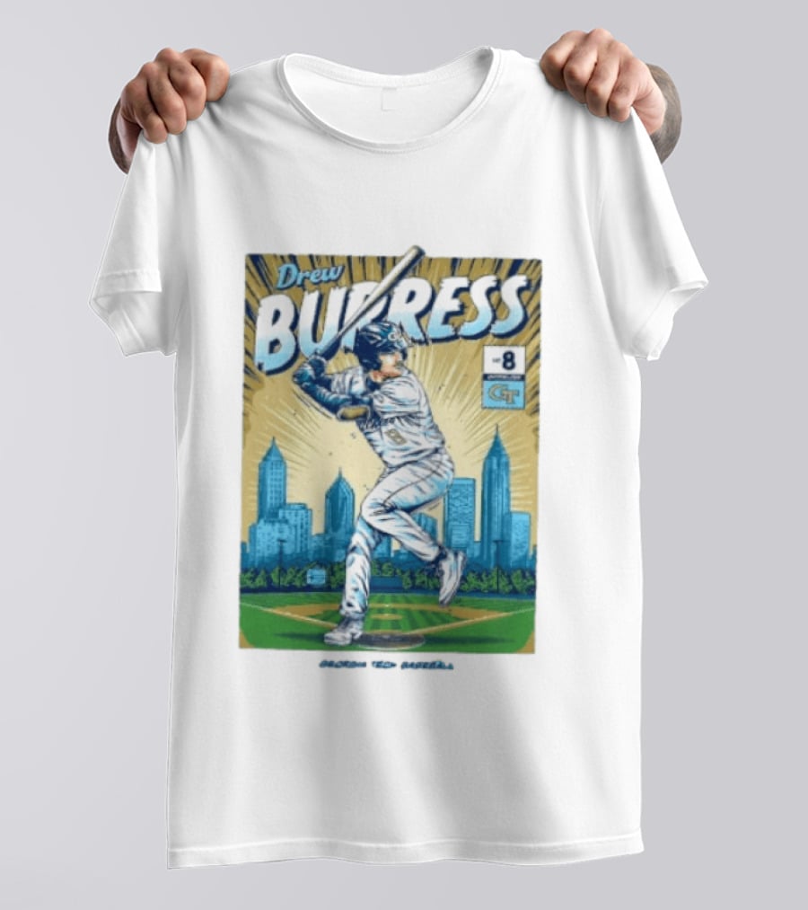 Drew Burress #8 Georgia Tech Baseball Comic Style Retro Cityscape T-Shirt