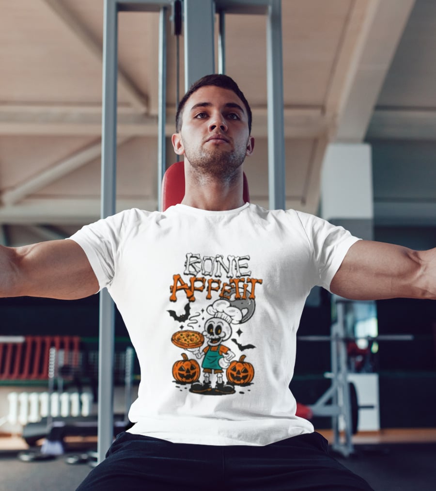 Bone Appetit Skeleton Chef Halloween Pizza Pumpkin Bats T-Shirt
