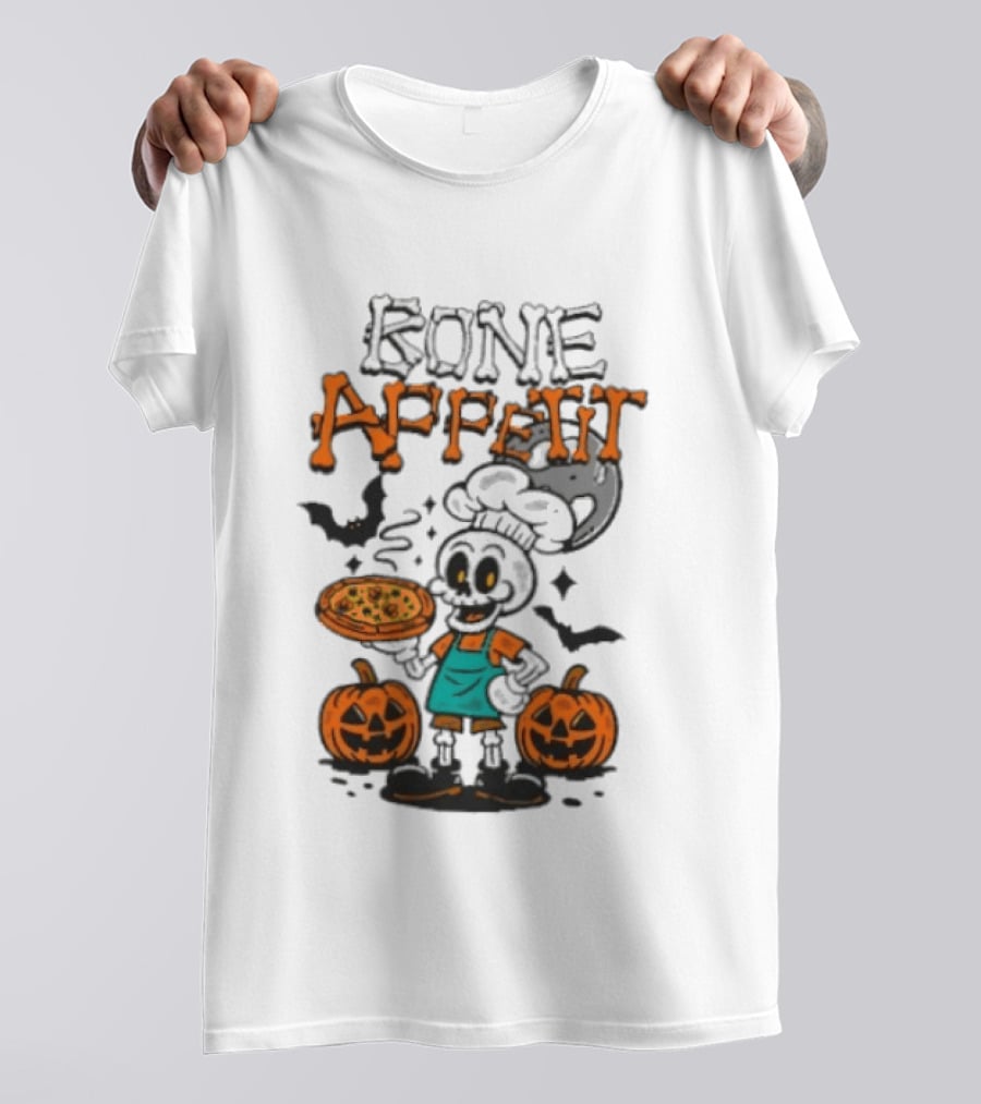 Bone Appetit Skeleton Chef Halloween Pizza Pumpkin Bats T-Shirt