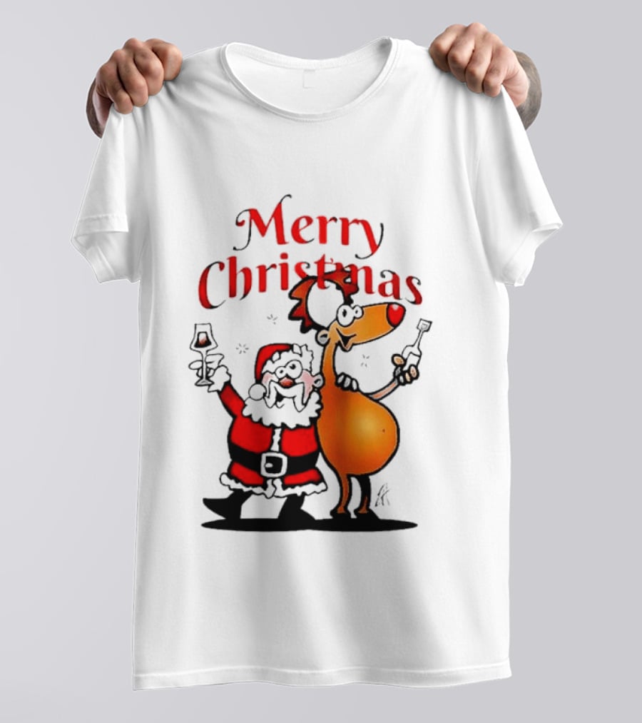 Merry Christmas Santa Claus And Reindeer Toast With Drinks T-Shirt