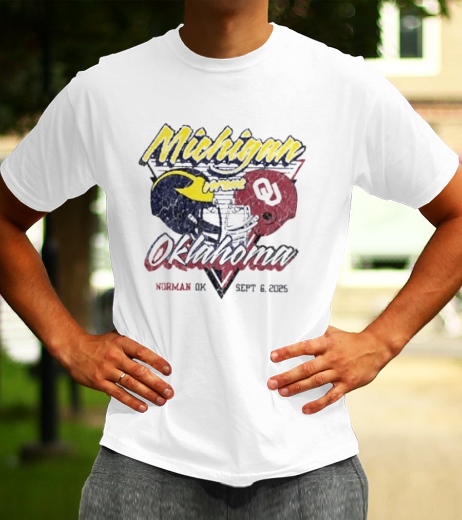 Oklahoma Sooners Vs Michigan Wolverines Football Helmet Norman OK September 6 2025 T-Shirt