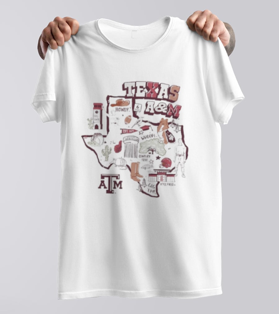Texas A&M Aggies Map With Iconic Symbols And Landmarks T-Shirt