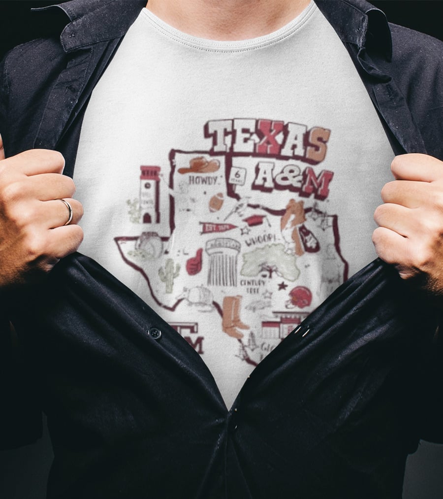 Texas A&M Aggies Map With Iconic Symbols And Landmarks T-Shirt