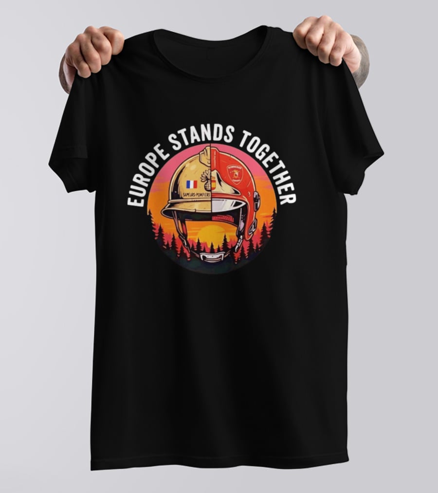 Europe Stands Together Sapeurs Pompiers Bomberos Espana Firefighter Helmet Forest Sunset T-Shirt