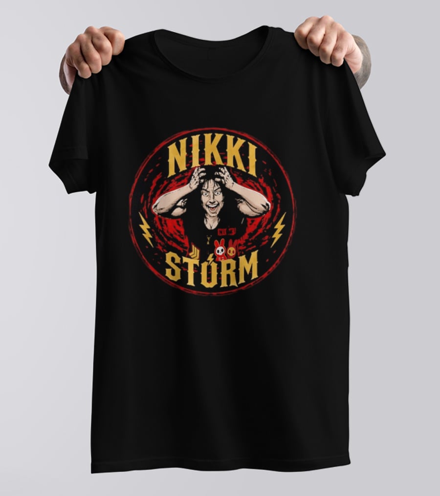 Nikki Stürm Wrestling Character With Lightning Bolts And Red Spiral T-Shirt