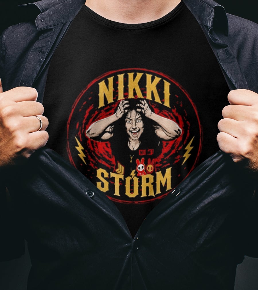 Nikki Stürm Wrestling Character With Lightning Bolts And Red Spiral T-Shirt