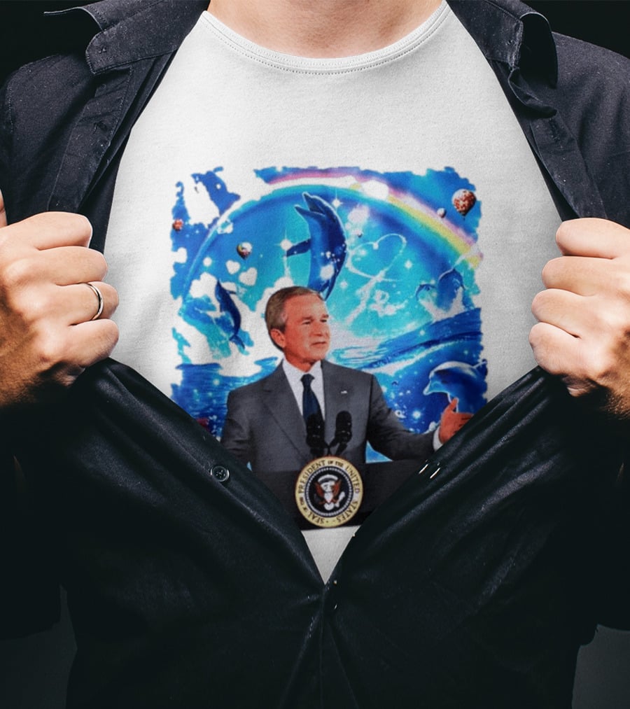 George W Bush Dolphins Coexist Peacefully With Rainbow And Ocean Scene T-Shirt