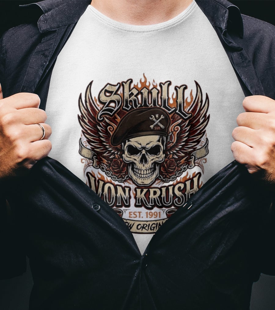 Skull Von Krush SVK Est 1991 ECW Original Flame Wings Roses T-Shirt