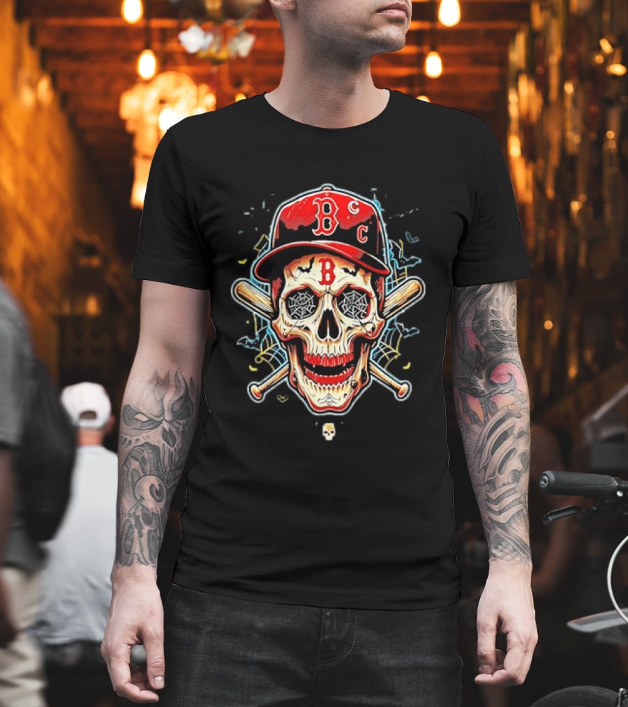 Boston Red Sox Skull Baseball Crossed Bats Red Cap T-Shirt