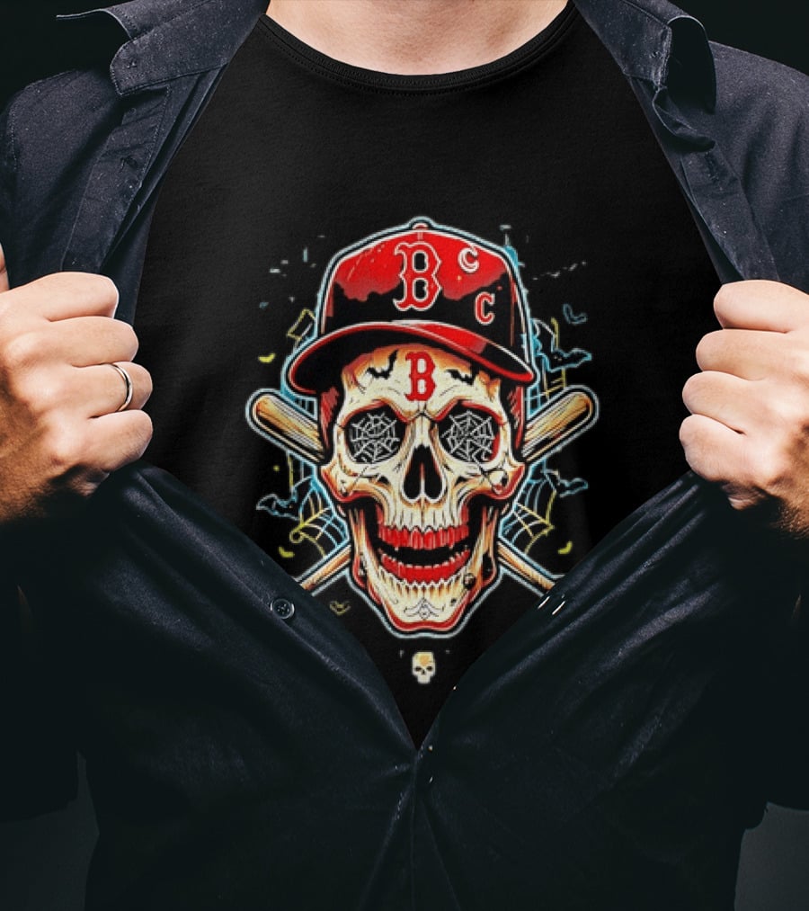 Boston Red Sox Skull Baseball Crossed Bats Red Cap T-Shirt
