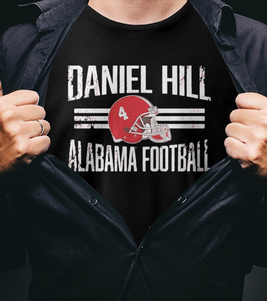 Daniel Hill Alabama Football Number 4 Red Helmet Distressed T-Shirt