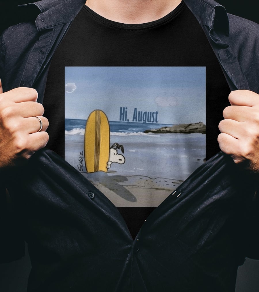 Snoopy Hi August Surfboard Beach Scene By Schulz T-Shirt
