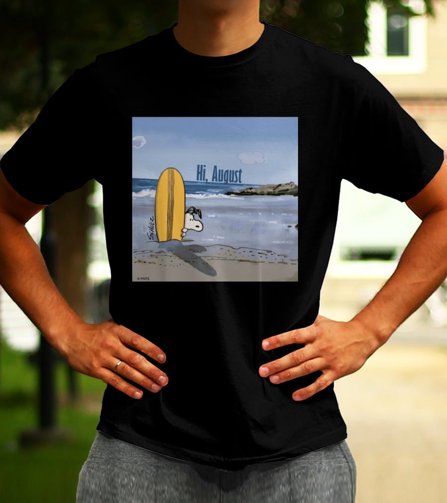 Snoopy Hi August Surfboard Beach Scene By Schulz T-Shirt