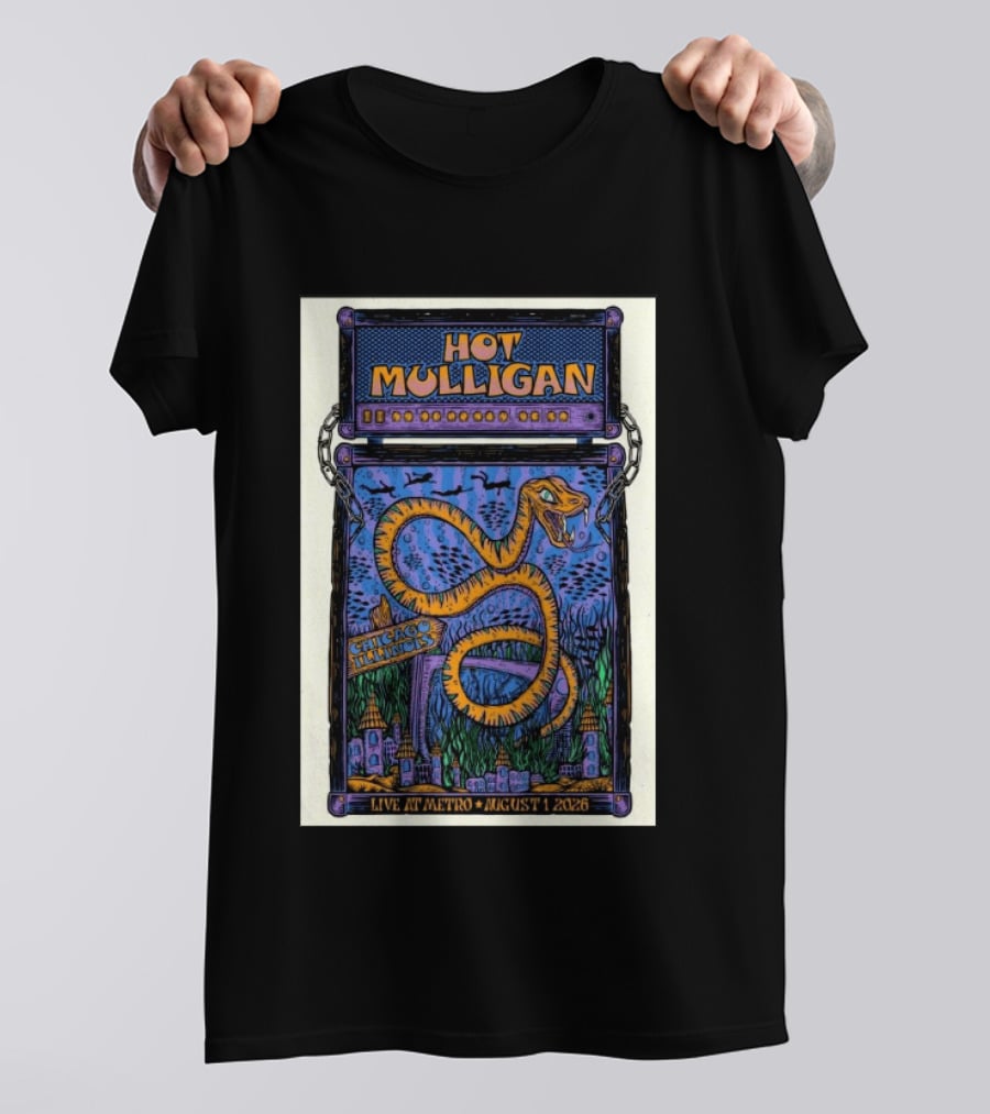 Hot Mulligan Live At Metro Chicago Illinois August 1 2026 With Snake And Cityscape T-Shirt