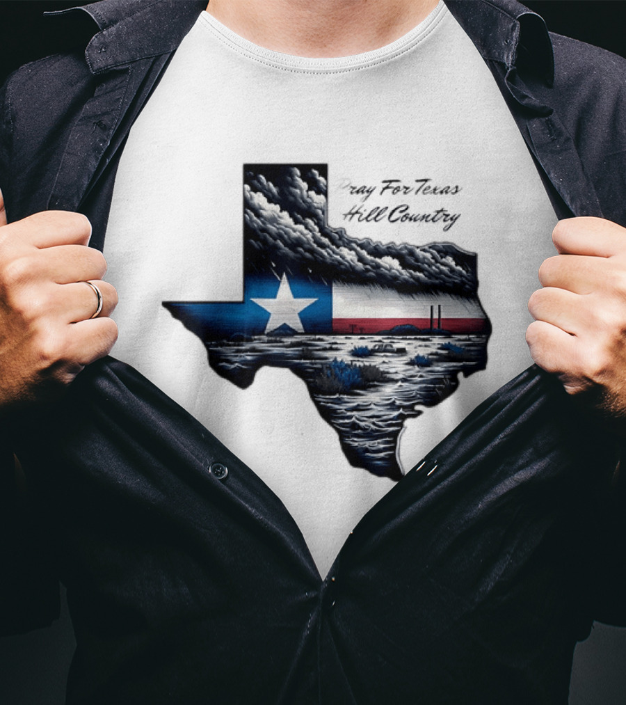 Pray For Texas Hill Country Map Texas Flag Storm Clouds T-Shirt