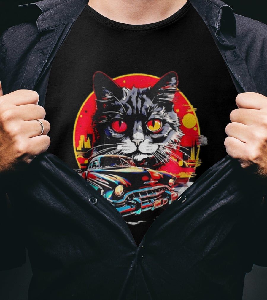 Black Cat With Vintage Classic Car And Retro Sunset T-Shirt