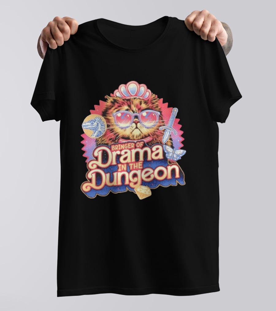 Bringer Of Drama In The Dungeon Cat With Raptor Dagger Butterfly Diamond T-Shirt