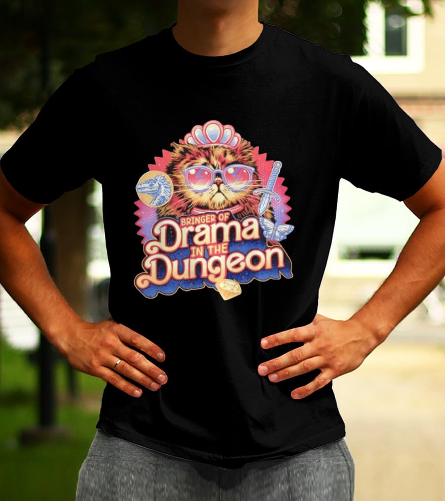 Bringer Of Drama In The Dungeon Cat With Raptor Dagger Butterfly Diamond T-Shirt