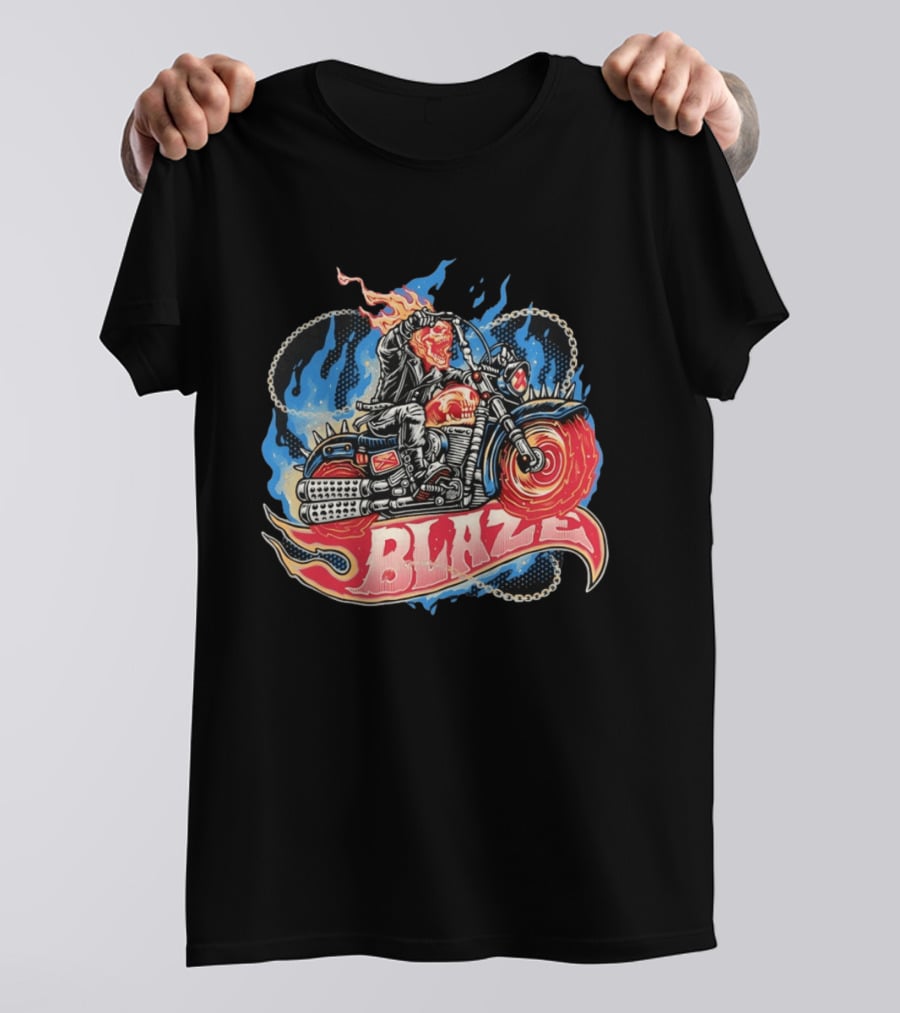 Blaze Flaming Skull Motorcycle Rider Blue Flame T-Shirt