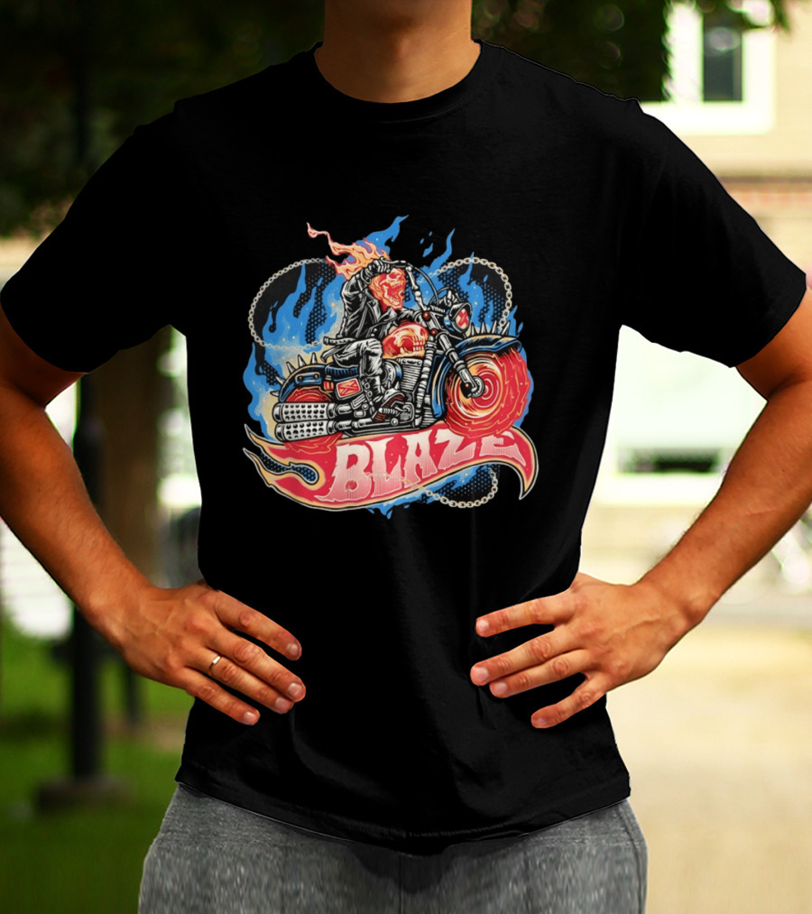 Blaze Flaming Skull Motorcycle Rider Blue Flame T-Shirt