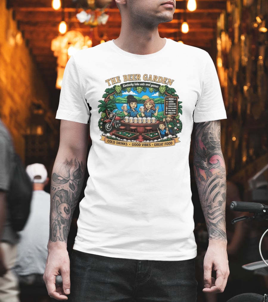 The Beer Garden Kentucky Lake Eats And Games Cold Drinks Good Vibes Great Food Burgers Sandwiches Wings Apps Relaxing Pool Tables Fun T-Shirt