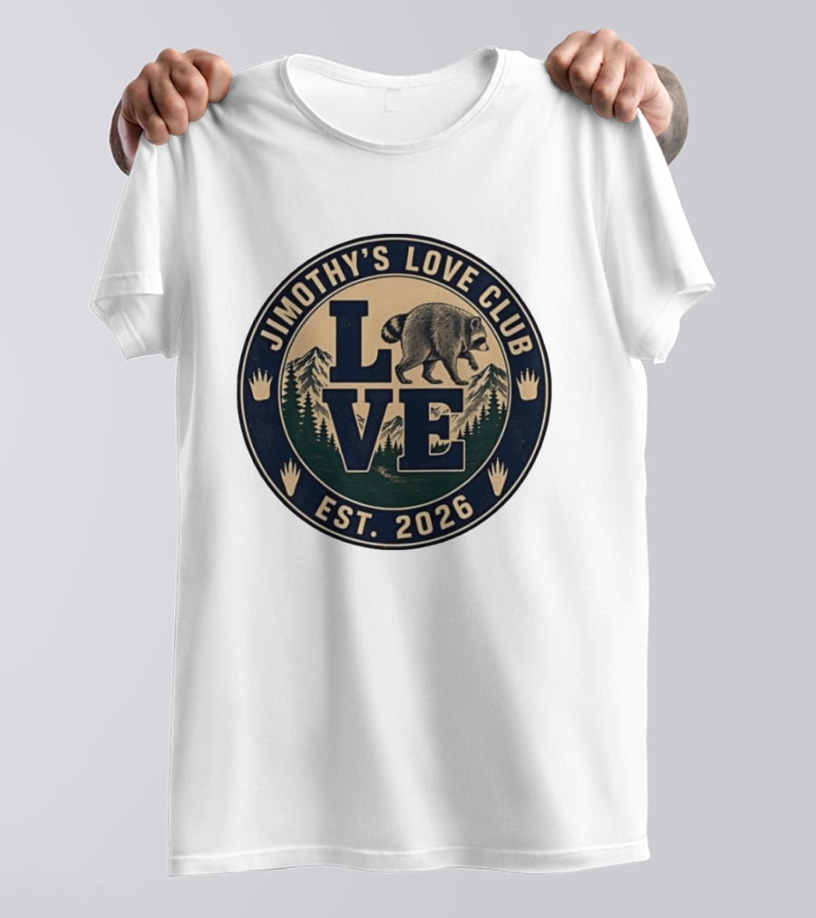 Jimothy's Love Club Raccoon Love Est 2026 Mountain Shield T-Shirt