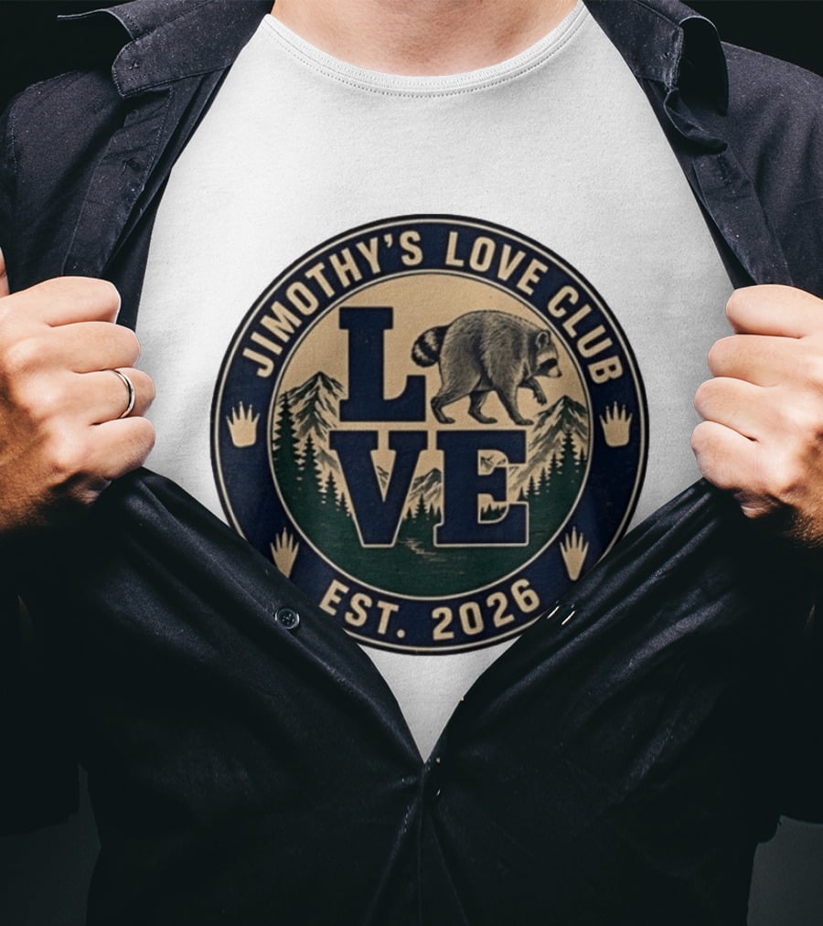 Jimothy's Love Club Raccoon Love Est 2026 Mountain Shield T-Shirt