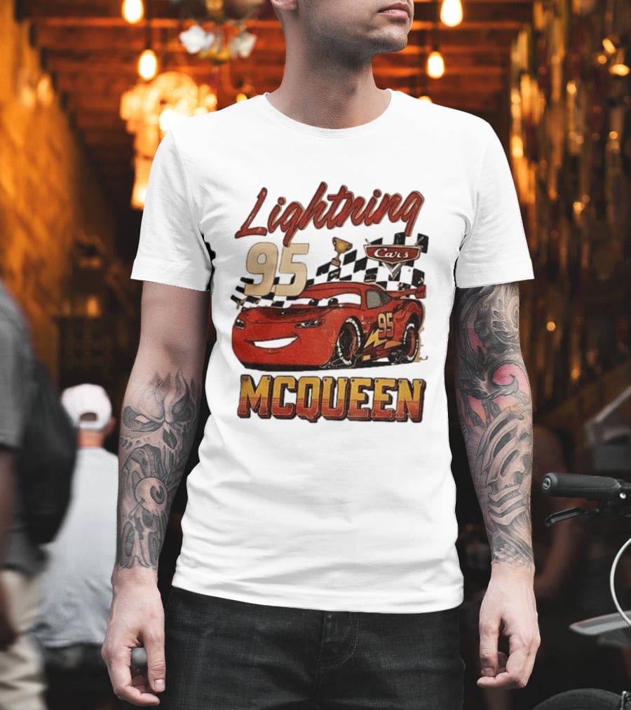 Lightning McQueen 95 Cars Trophy Checkered Flags Disney Pixar T-Shirt