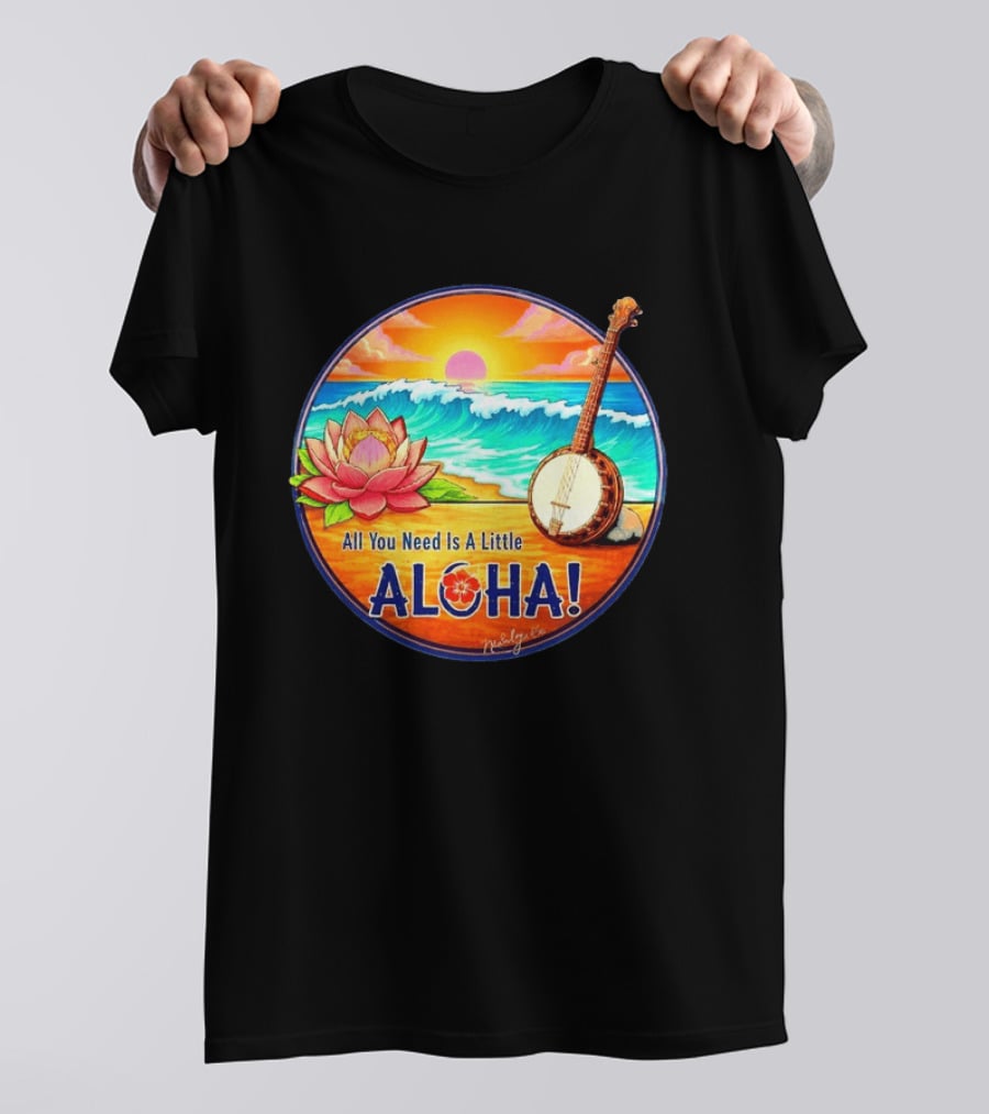 All You Need Is A Little Aloha Lotus Flower Sunset Ocean Banjo T-Shirt