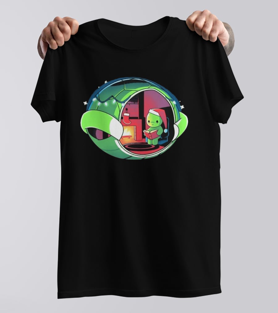 Christmas Turtle Cozy Holiday Scene With Santa Hat And Fireplace T-Shirt