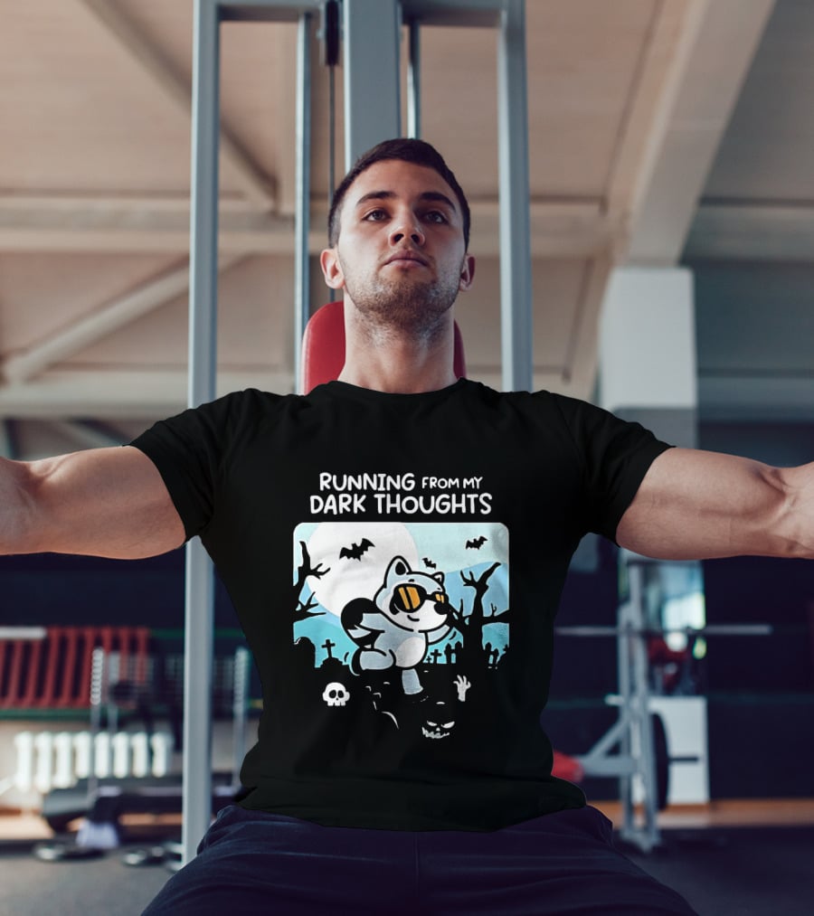 Raccoon Running From My Dark Thoughts Moonlight Bats And Graveyard Scene T-Shirt