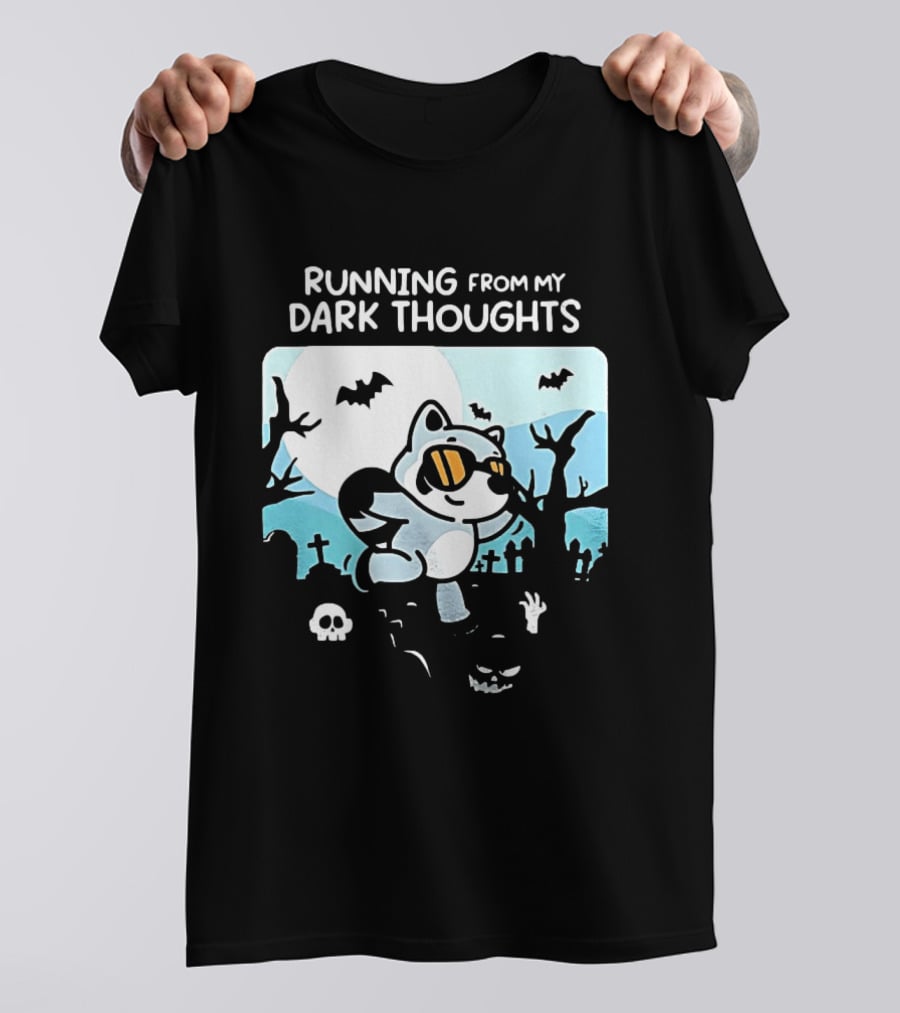 Raccoon Running From My Dark Thoughts Moonlight Bats And Graveyard Scene T-Shirt