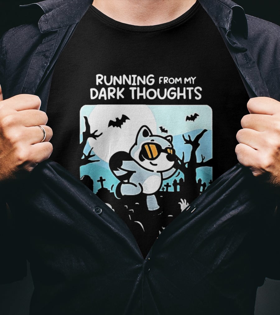 Raccoon Running From My Dark Thoughts Moonlight Bats And Graveyard Scene T-Shirt