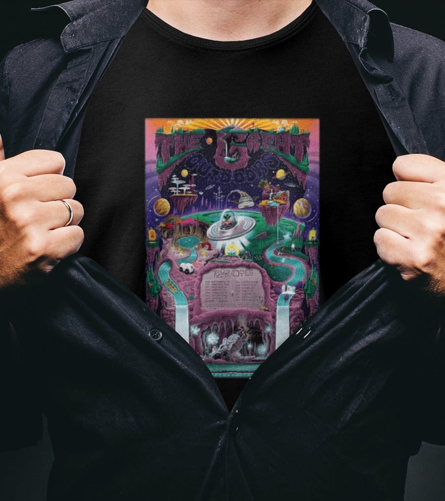 The Great Outdoors Fall Tour 2026 Cosmic Adventure Spaceships Waterfalls Planets T-Shirt