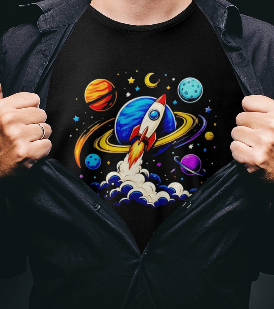 Space Rocket Launch With Vibrant Orbiting Planets And Stars T-Shirt