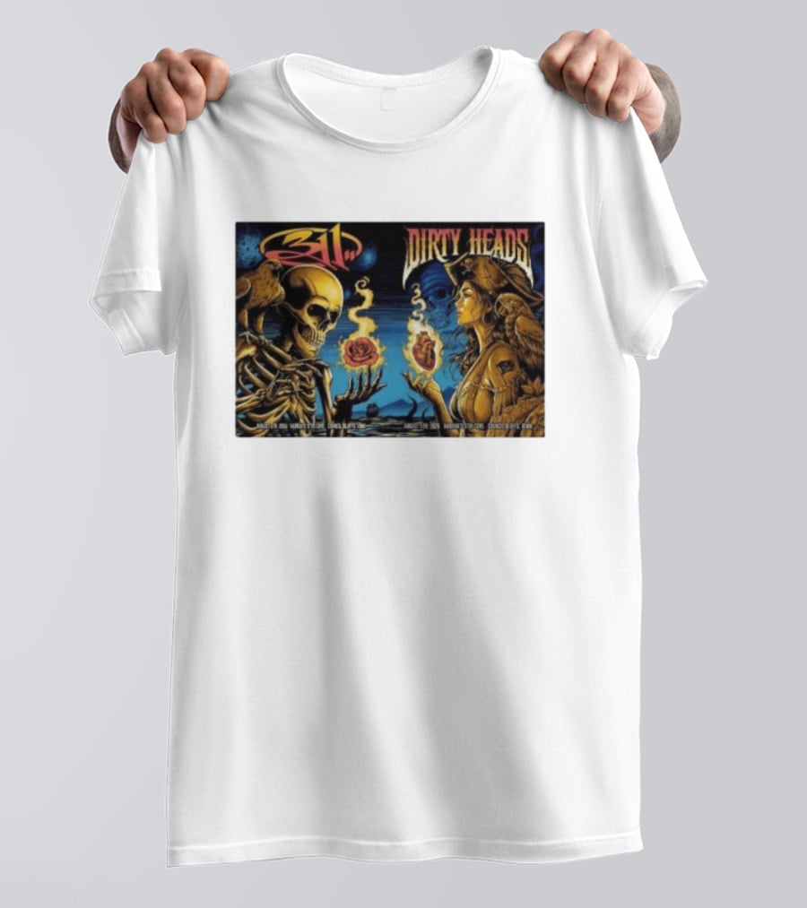 311 X Dirty Heads August 5 2026 Council Bluffs Iowa Harrah's Stir Cove Exclusive Set Skeleton Pirate Roses T-Shirt