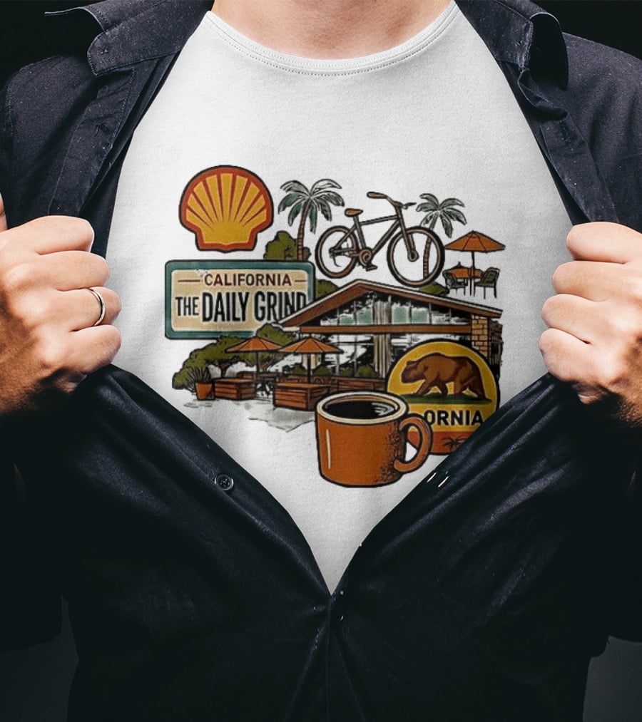 California The Daily Grind Shell Coffee Bear Bike Palms T-Shirt