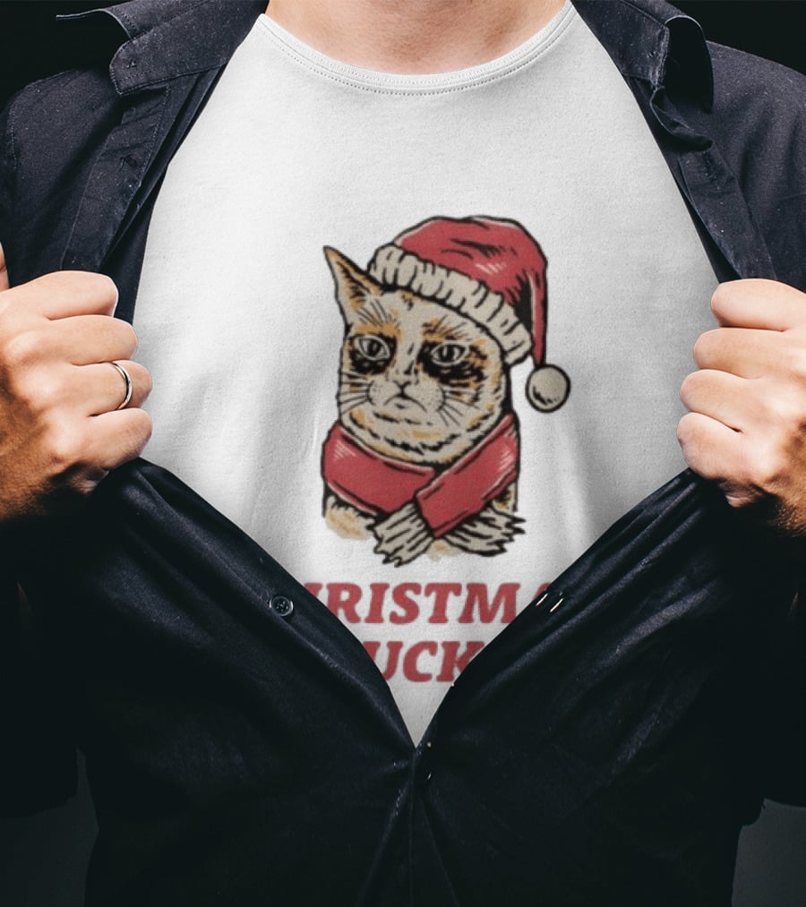 Cat Santa Hat Christmas Sucks Grumpy Humor T-Shirt