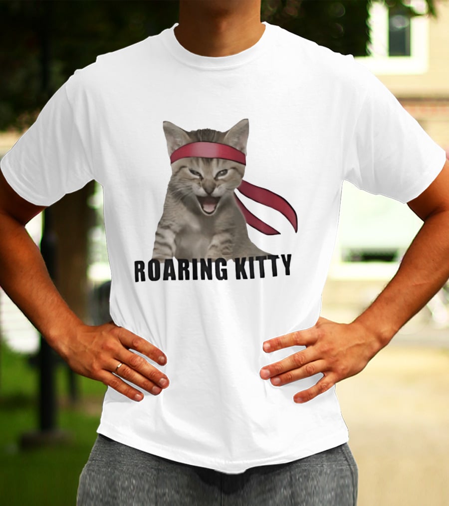 Roaring Kitty Kitten In Red Headband Stock Market Meme T-Shirt