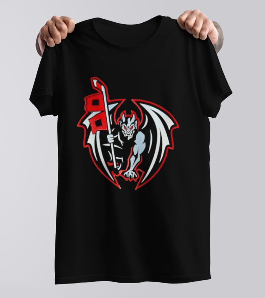 Greensboro Gargoyles Hockey Team Winged Gargoyle Holding Hockey Stick With Red Flag T-Shirt