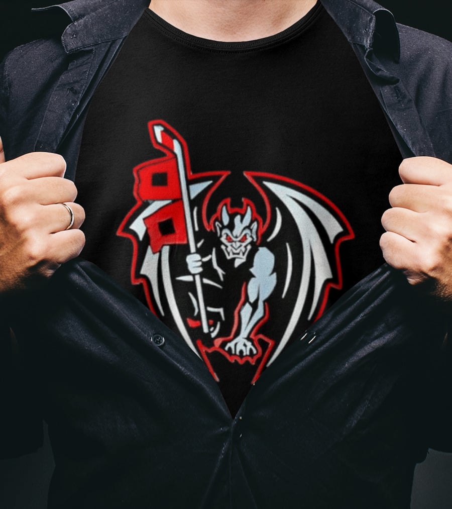 Greensboro Gargoyles Hockey Team Winged Gargoyle Holding Hockey Stick With Red Flag T-Shirt