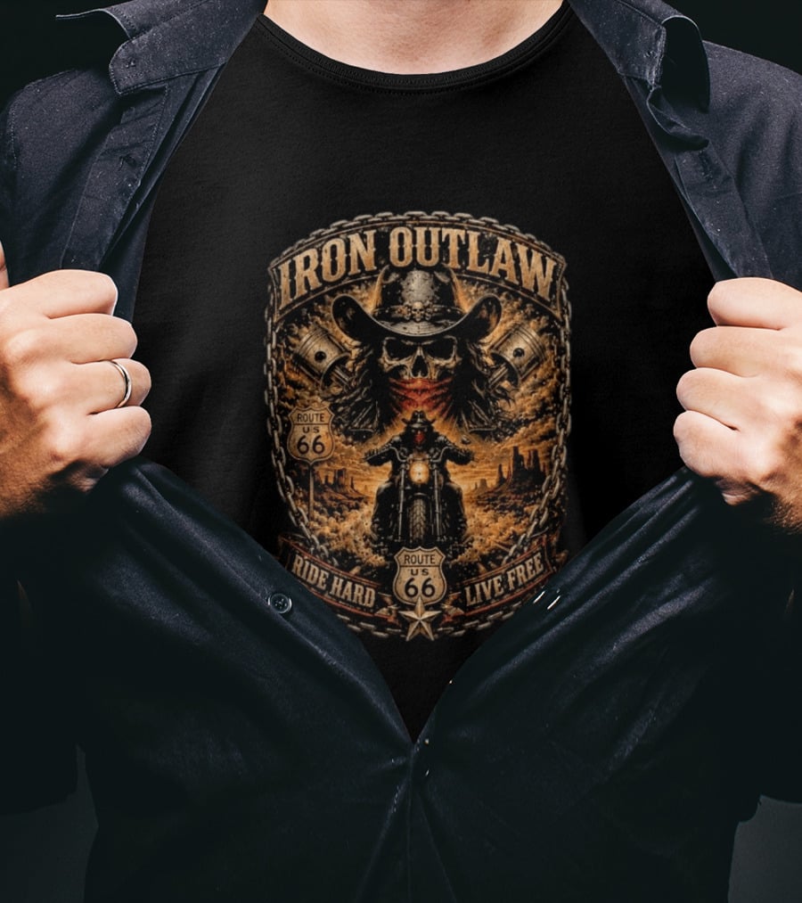 Iron Outlaw Cowboy Skull Motorcycle Route 66 Ride Hard Live Free T-Shirt