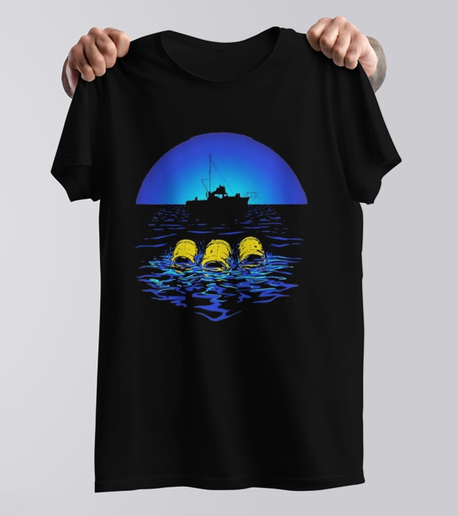 Jaws Orca Boat With Yellow Barrels Steven Spielberg Retro Ocean Scene T-Shirt