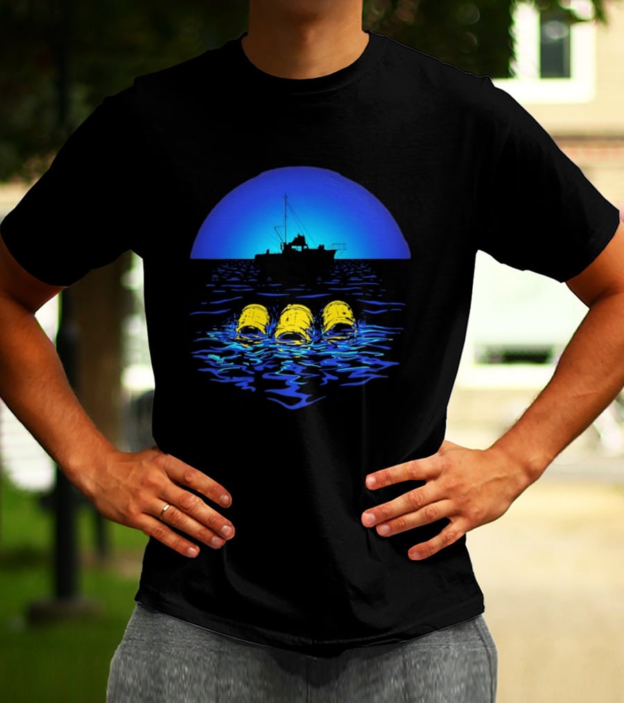 Jaws Orca Boat With Yellow Barrels Steven Spielberg Retro Ocean Scene T-Shirt