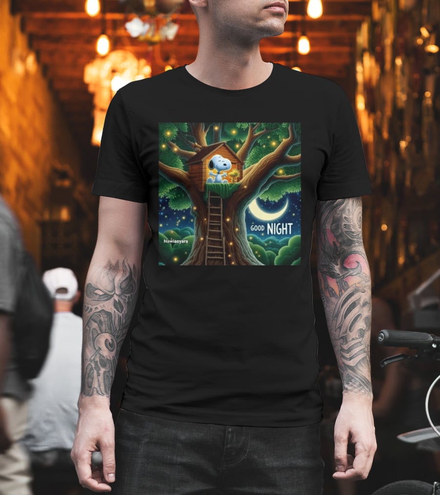 Leave A Heart If You Love Snoopy Good Night Treehouse Moonlit Scene T-Shirt